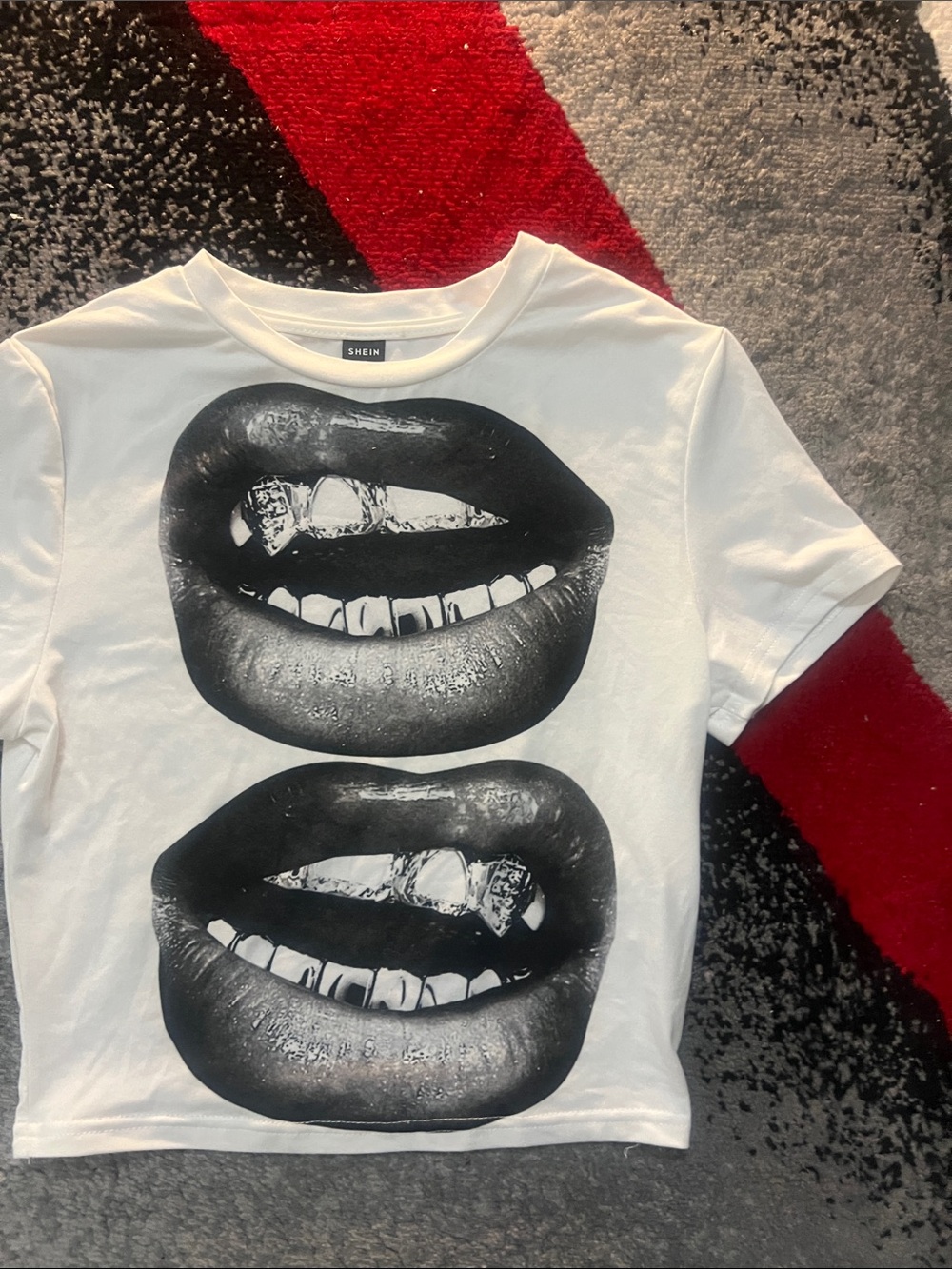 SHEIN White Tee with Black Graphic Lip Print
